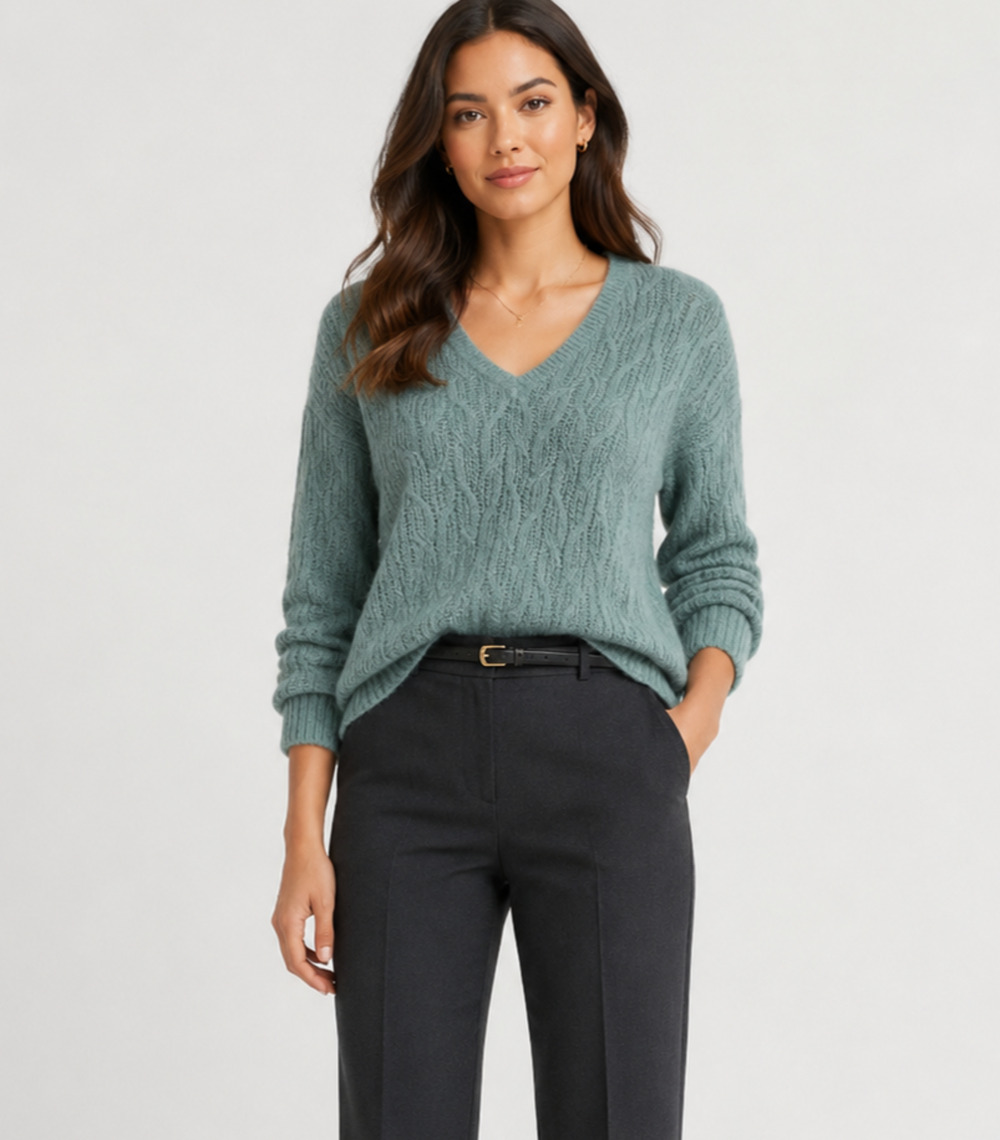 Madewell Alna V Neck Sweater Womens M Green Alpaca Blend Pointelle Cable Knit